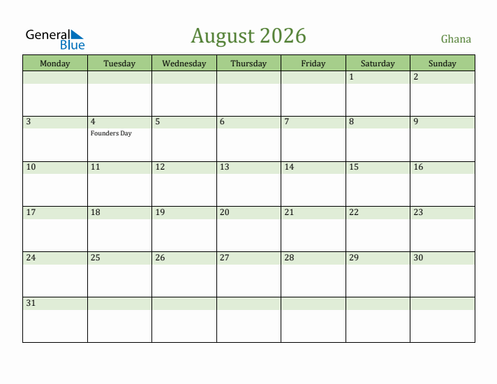 August 2026 Calendar with Ghana Holidays