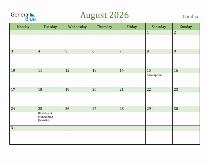August 2026 Calendar with Gambia Holidays