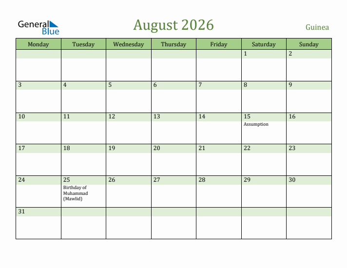 August 2026 Calendar with Guinea Holidays