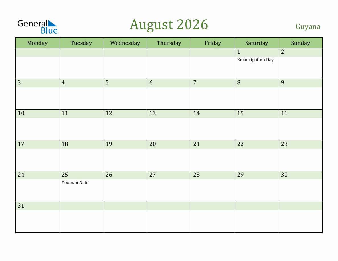 Fillable Holiday Calendar for Guyana August 2026