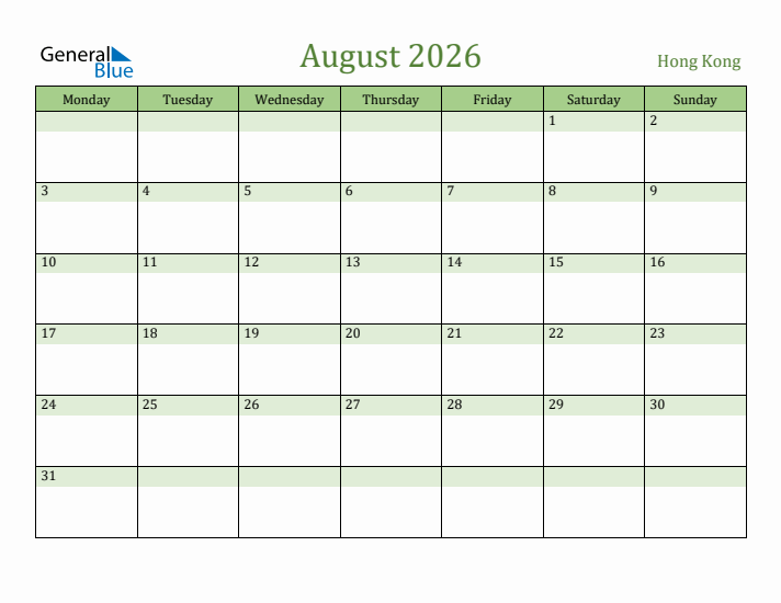 August 2026 Calendar with Hong Kong Holidays