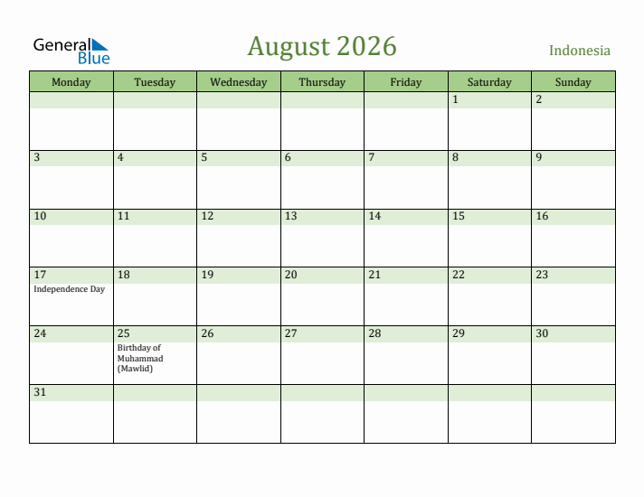 August 2026 Calendar with Indonesia Holidays