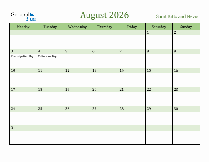 August 2026 Calendar with Saint Kitts and Nevis Holidays