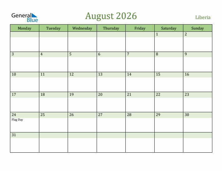 August 2026 Calendar with Liberia Holidays