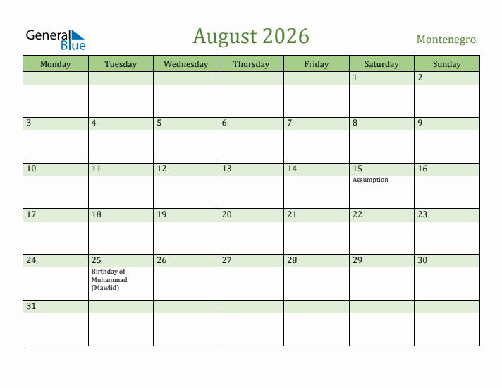 August 2026 Calendar with Montenegro Holidays