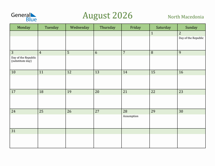 August 2026 Calendar with North Macedonia Holidays