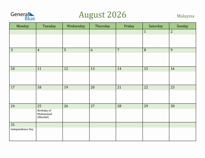 August 2026 Calendar with Malaysia Holidays