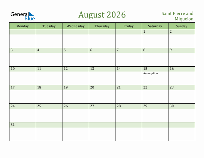 August 2026 Calendar with Saint Pierre and Miquelon Holidays