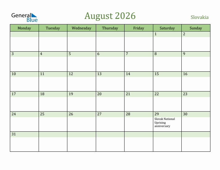 August 2026 Calendar with Slovakia Holidays