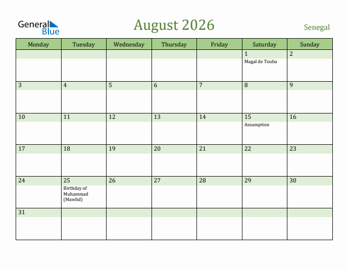 August 2026 Calendar with Senegal Holidays