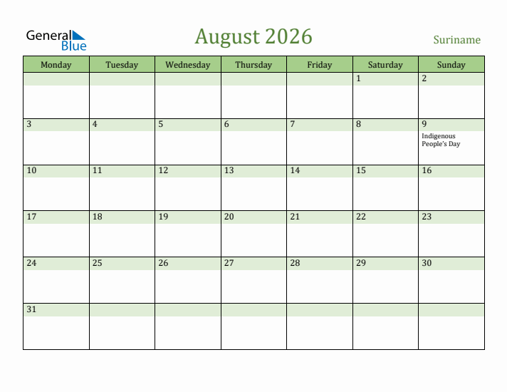 August 2026 Calendar with Suriname Holidays