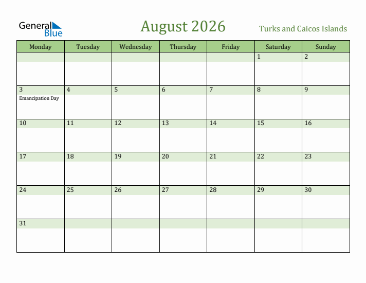 August 2026 Calendar with Turks and Caicos Islands Holidays
