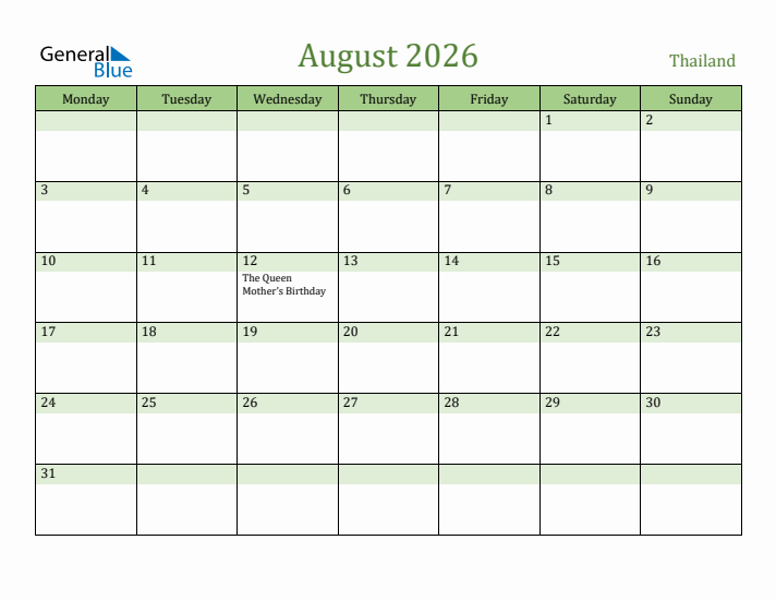 August 2026 Calendar with Thailand Holidays