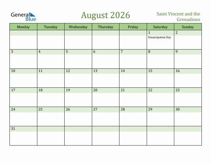 August 2026 Calendar with Saint Vincent and the Grenadines Holidays