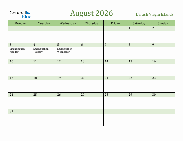 August 2026 Calendar with British Virgin Islands Holidays