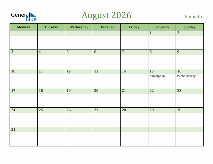 August 2026 Calendar with Vanuatu Holidays