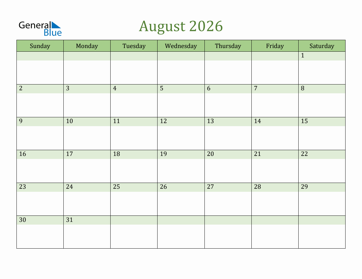 Fillable August 2026 Calendar