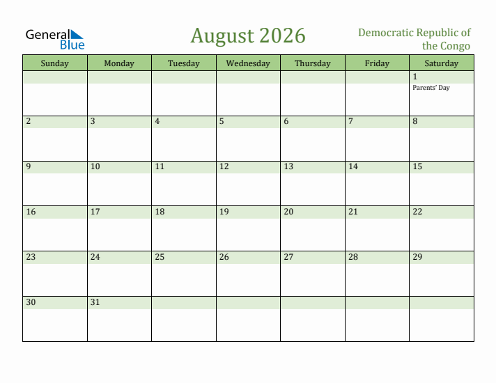 August 2026 Calendar with Democratic Republic of the Congo Holidays