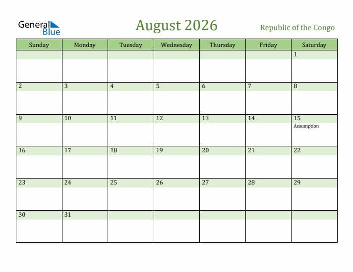 August 2026 Calendar with Republic of the Congo Holidays