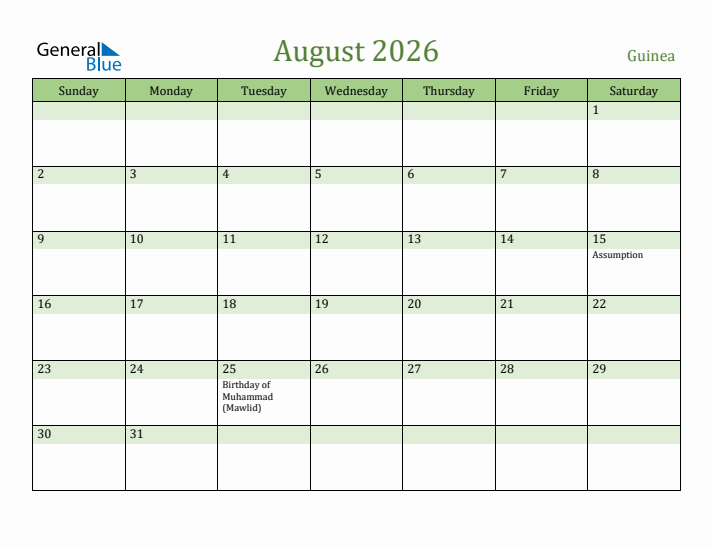 August 2026 Calendar with Guinea Holidays
