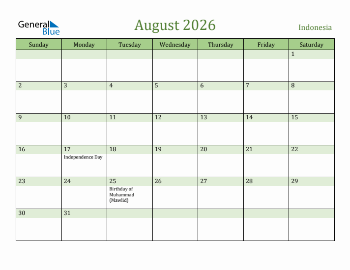 August 2026 Calendar with Indonesia Holidays