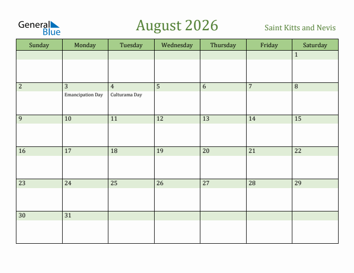 August 2026 Calendar with Saint Kitts and Nevis Holidays
