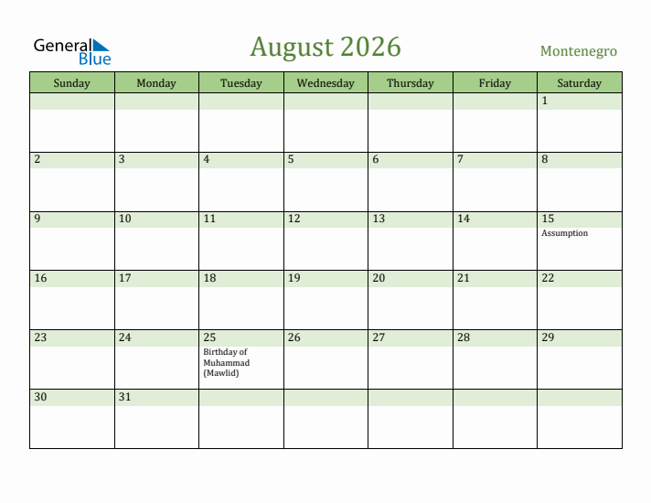 August 2026 Calendar with Montenegro Holidays