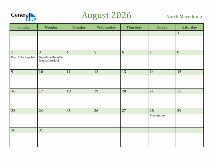 August 2026 Calendar with North Macedonia Holidays