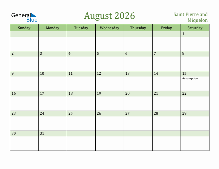 August 2026 Calendar with Saint Pierre and Miquelon Holidays