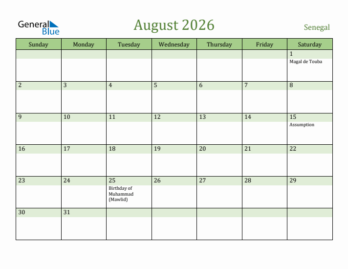 August 2026 Calendar with Senegal Holidays