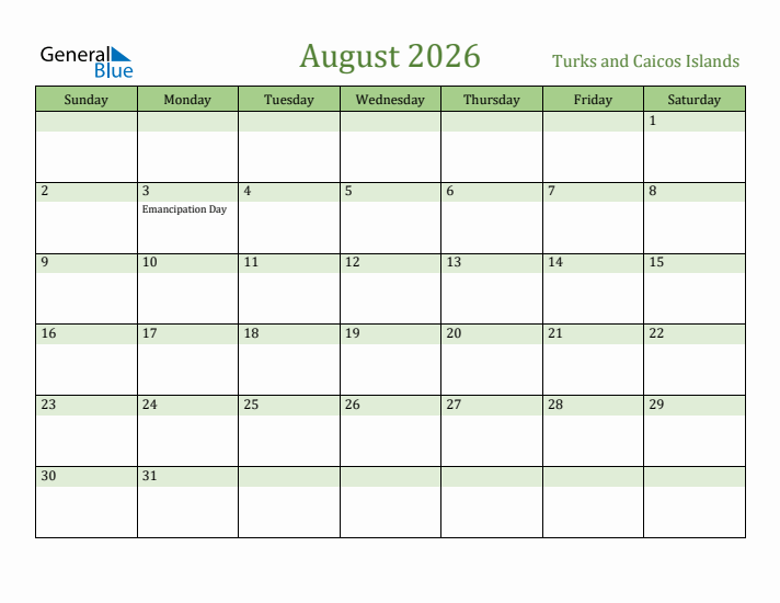 August 2026 Calendar with Turks and Caicos Islands Holidays