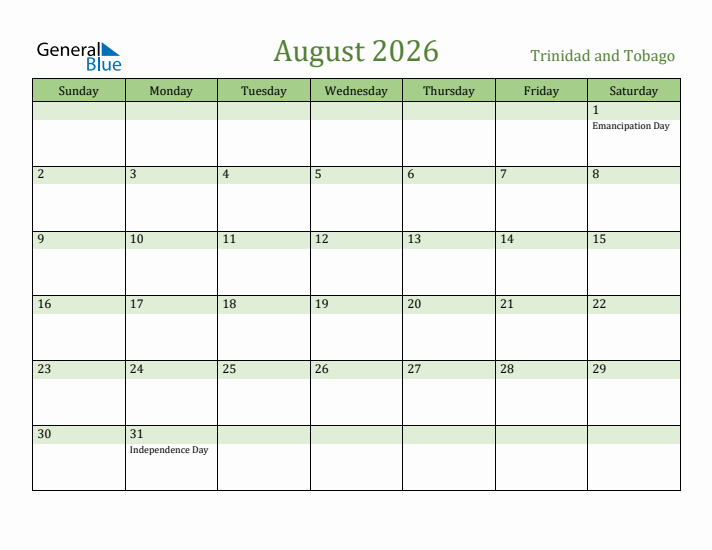 August 2026 Calendar with Trinidad and Tobago Holidays