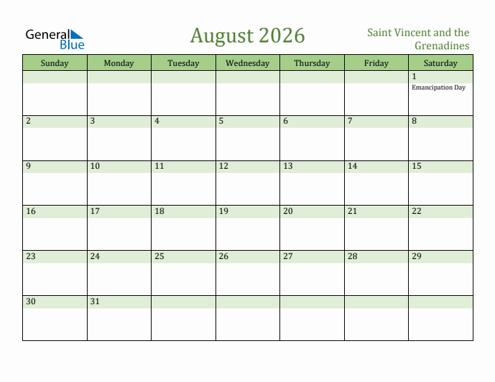 August 2026 Calendar with Saint Vincent and the Grenadines Holidays