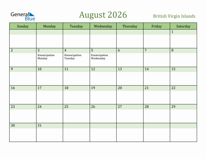 August 2026 Calendar with British Virgin Islands Holidays