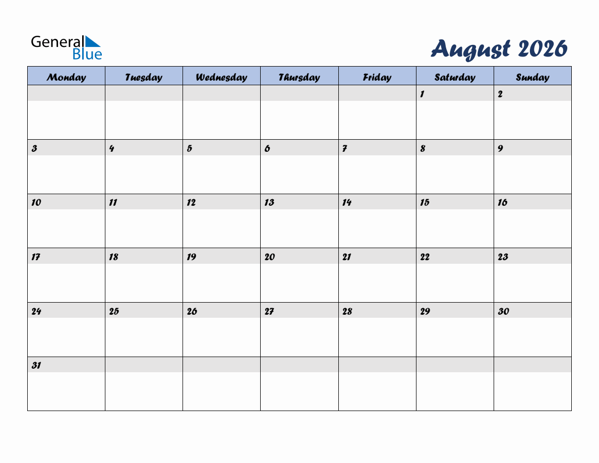 Free August 2026 Monthly Editable Calendar - Monday Start