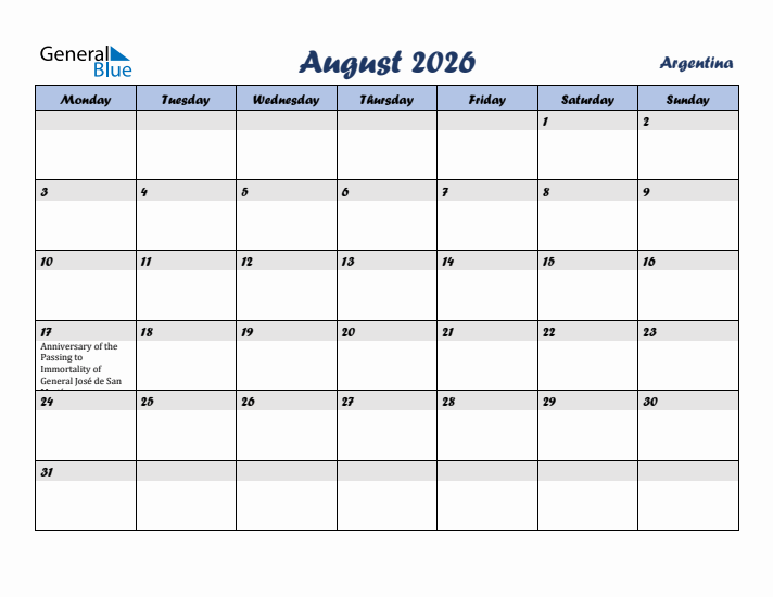 August 2026 Calendar with Holidays in Argentina