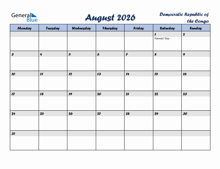 August 2026 Calendar with Holidays in Democratic Republic of the Congo