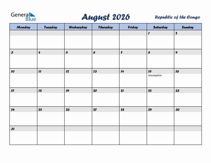 August 2026 Calendar with Holidays in Republic of the Congo