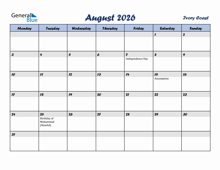 August 2026 Calendar with Holidays in Ivory Coast