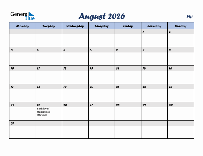 August 2026 Calendar with Holidays in Fiji