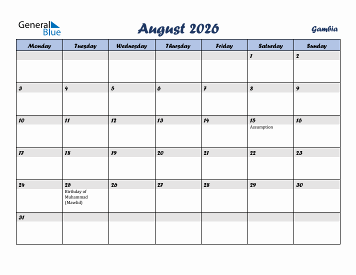 August 2026 Calendar with Holidays in Gambia