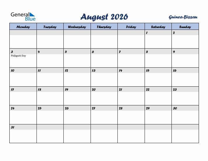 August 2026 Calendar with Holidays in Guinea-Bissau