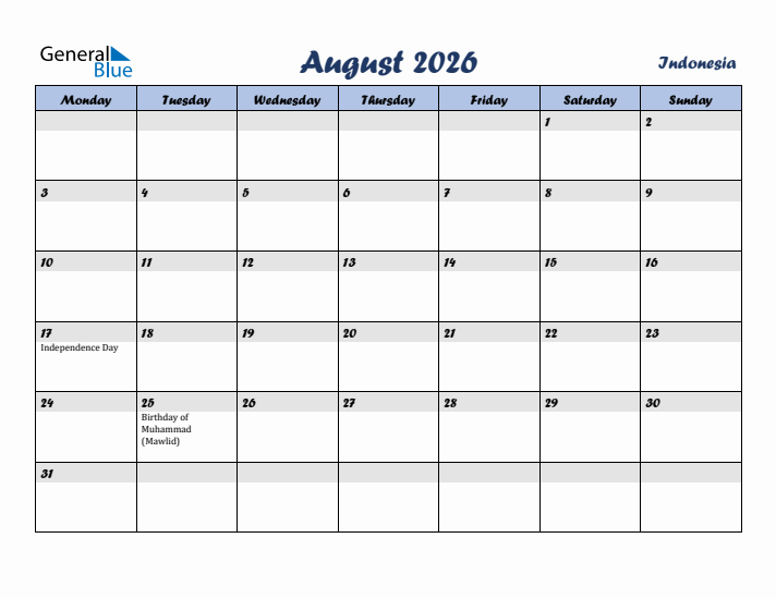 August 2026 Calendar with Holidays in Indonesia