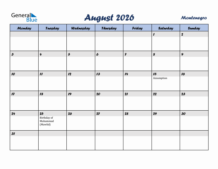August 2026 Calendar with Holidays in Montenegro