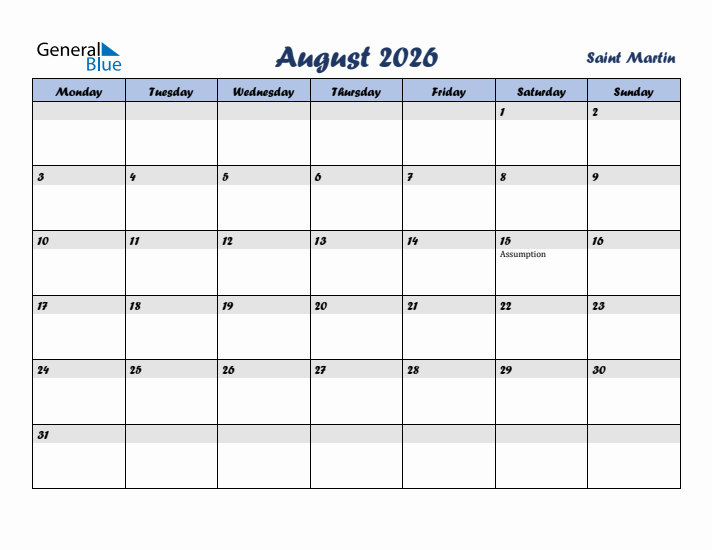 August 2026 Calendar with Holidays in Saint Martin