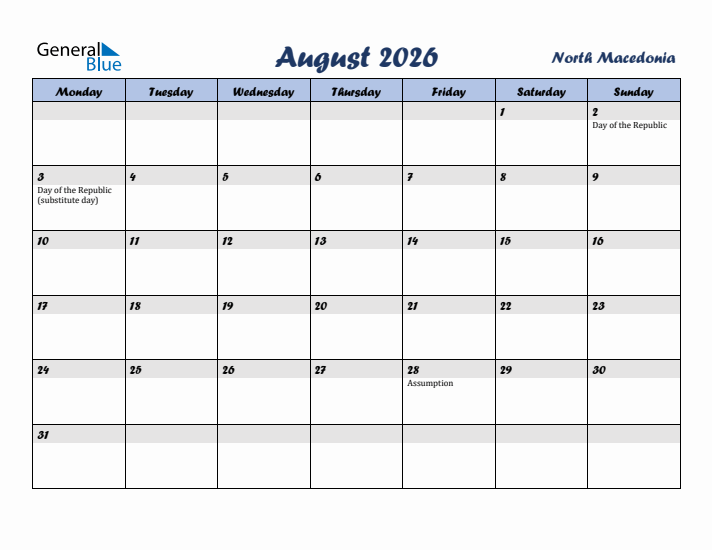 August 2026 Calendar with Holidays in North Macedonia
