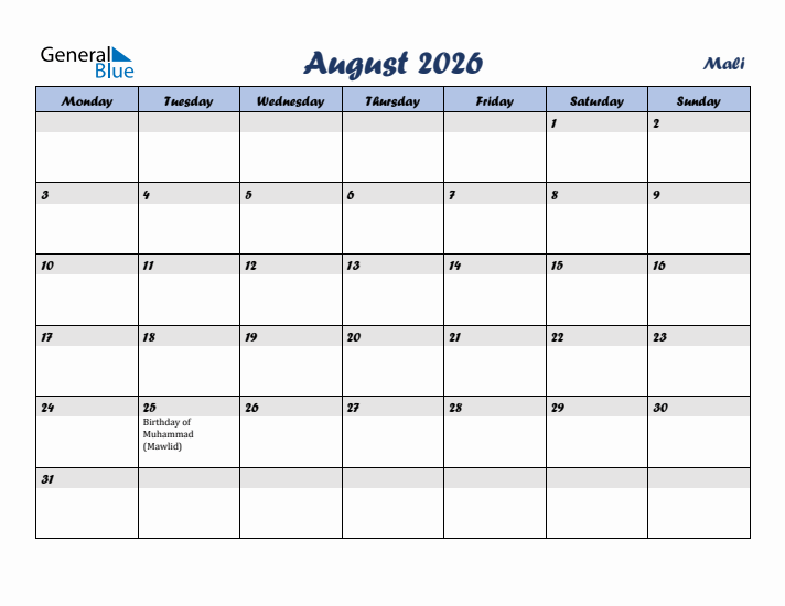 August 2026 Calendar with Holidays in Mali