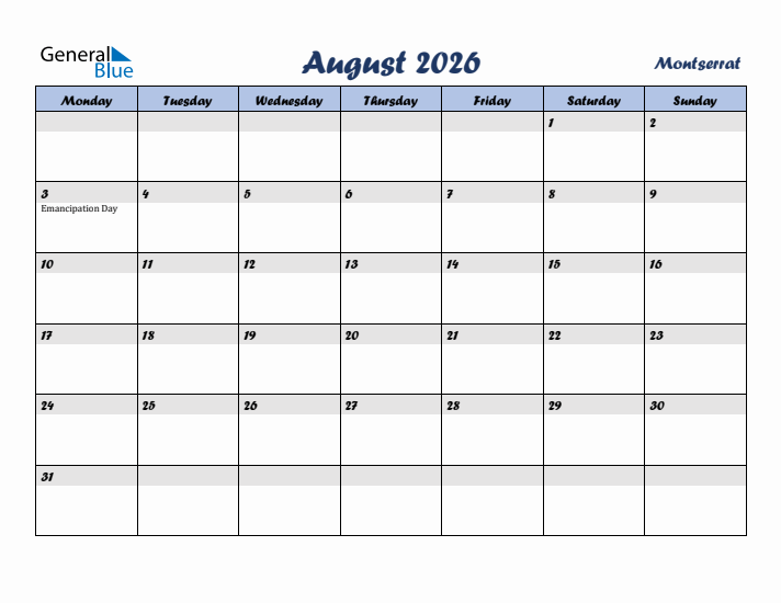 August 2026 Calendar with Holidays in Montserrat