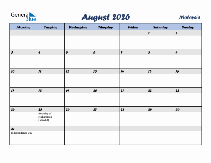 August 2026 Calendar with Holidays in Malaysia