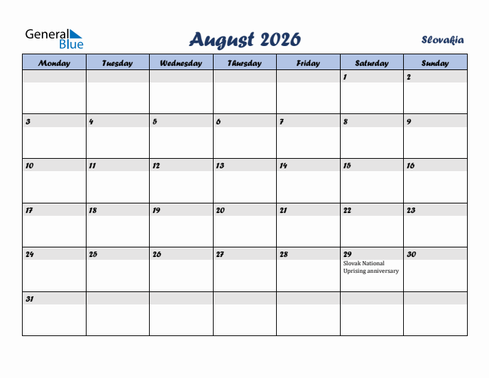August 2026 Calendar with Holidays in Slovakia